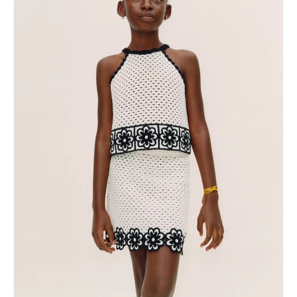 Zara Black and White Floral Crochet Knit halter top & skirt set 11-12